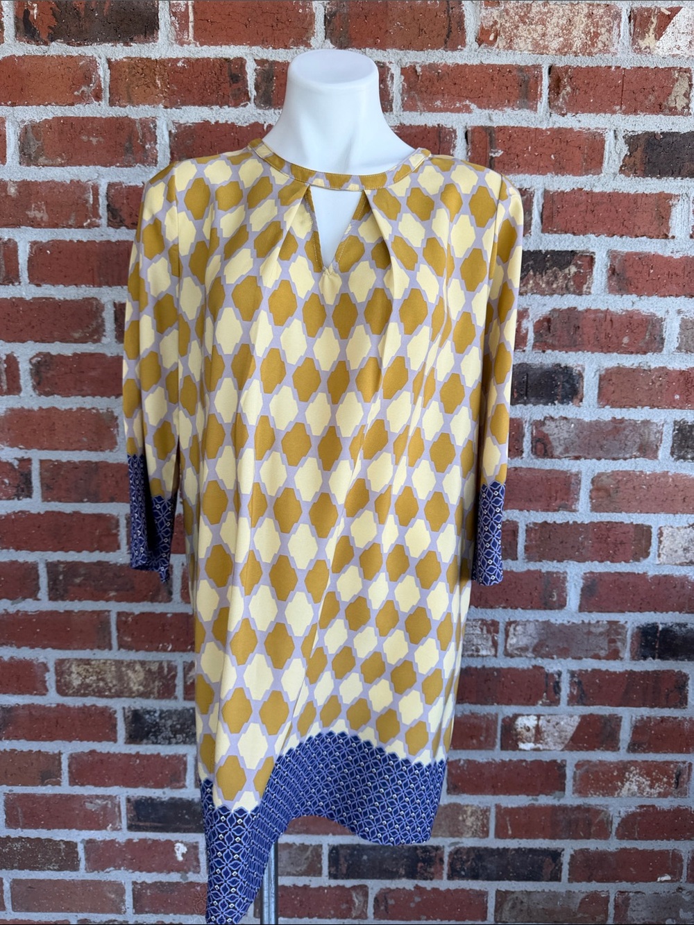Yellow Geo-Print Keyhole Tunic with purple Trim
